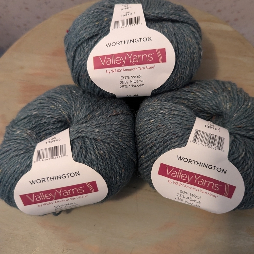 NWT Valley 3 Skeins Worthington Blue Gray wool alpaca #13914, 50 gms Each